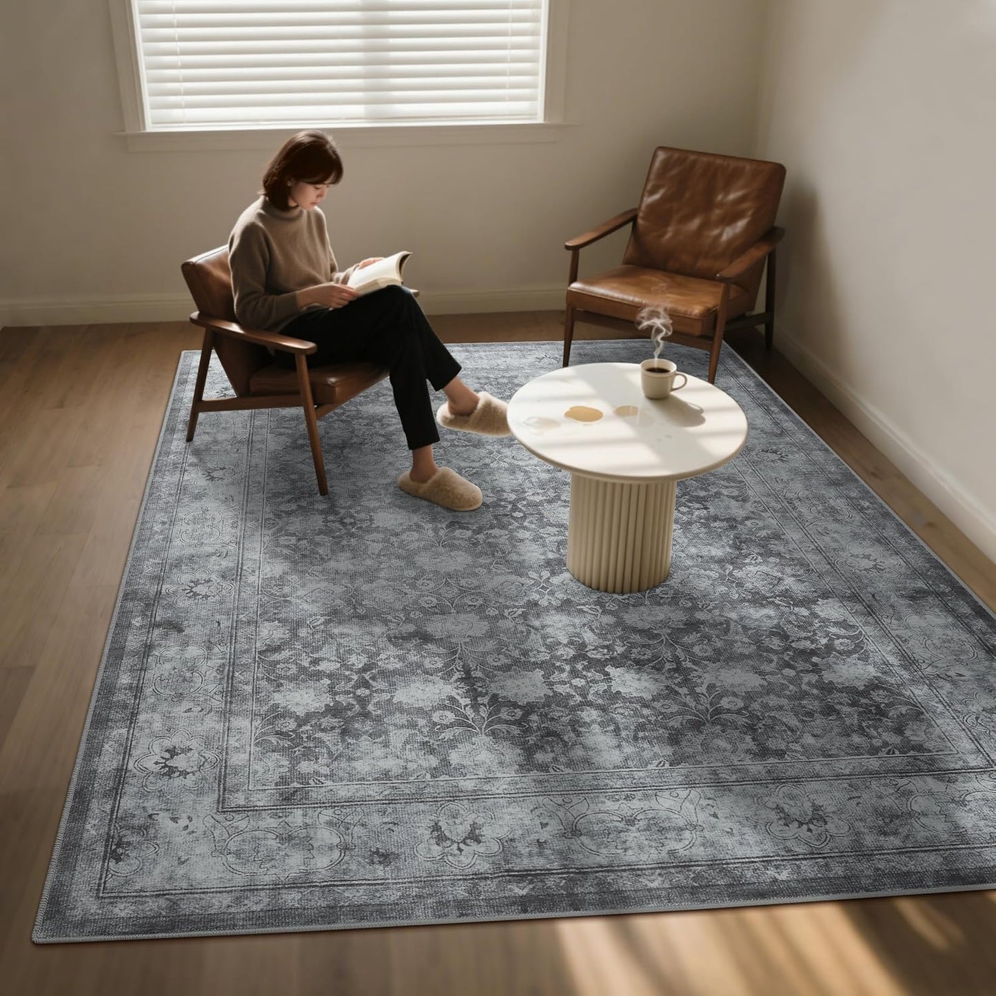 5x7 Washable Area Rug for Living Room, Non Slip Vintage Floral Rugs for Bedroom, Retro Indoor Floor Carpet for Kitchen, Dining Room, Farmhouse, Classroom (Distressed Grey)