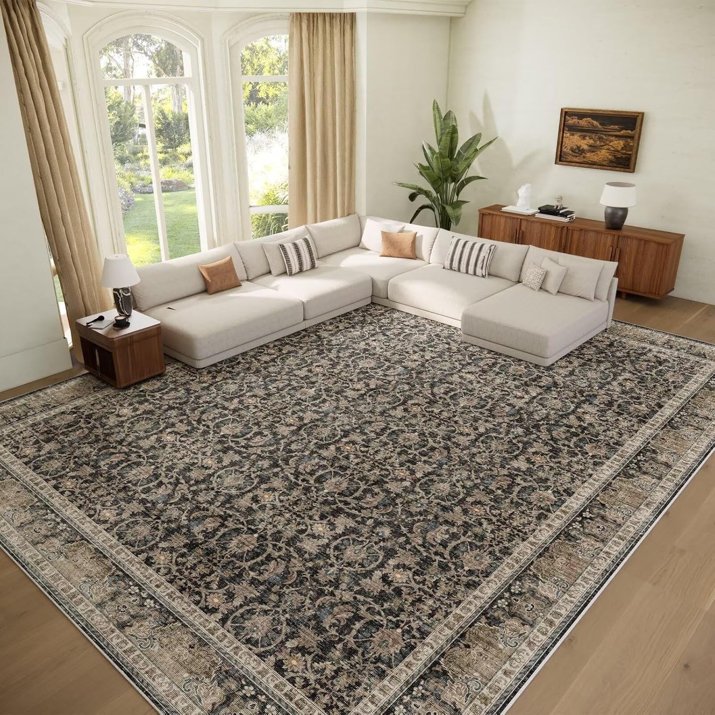 Washable 10x14 Area Rugs for Living Room, Boho Non-Slip Silicone Backing Rugs for Bedroom Dining Room Office, 0.3" Neutral Oriental Throw Carpet with 0.16" Cushioning Pad, Black/Multi