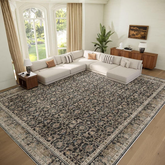 Washable 10x14 Area Rugs for Living Room, Boho Non-Slip Silicone Backing Rugs for Bedroom Dining Room Office, 0.3" Neutral Oriental Throw Carpet with 0.16" Cushioning Pad, Black/Multi