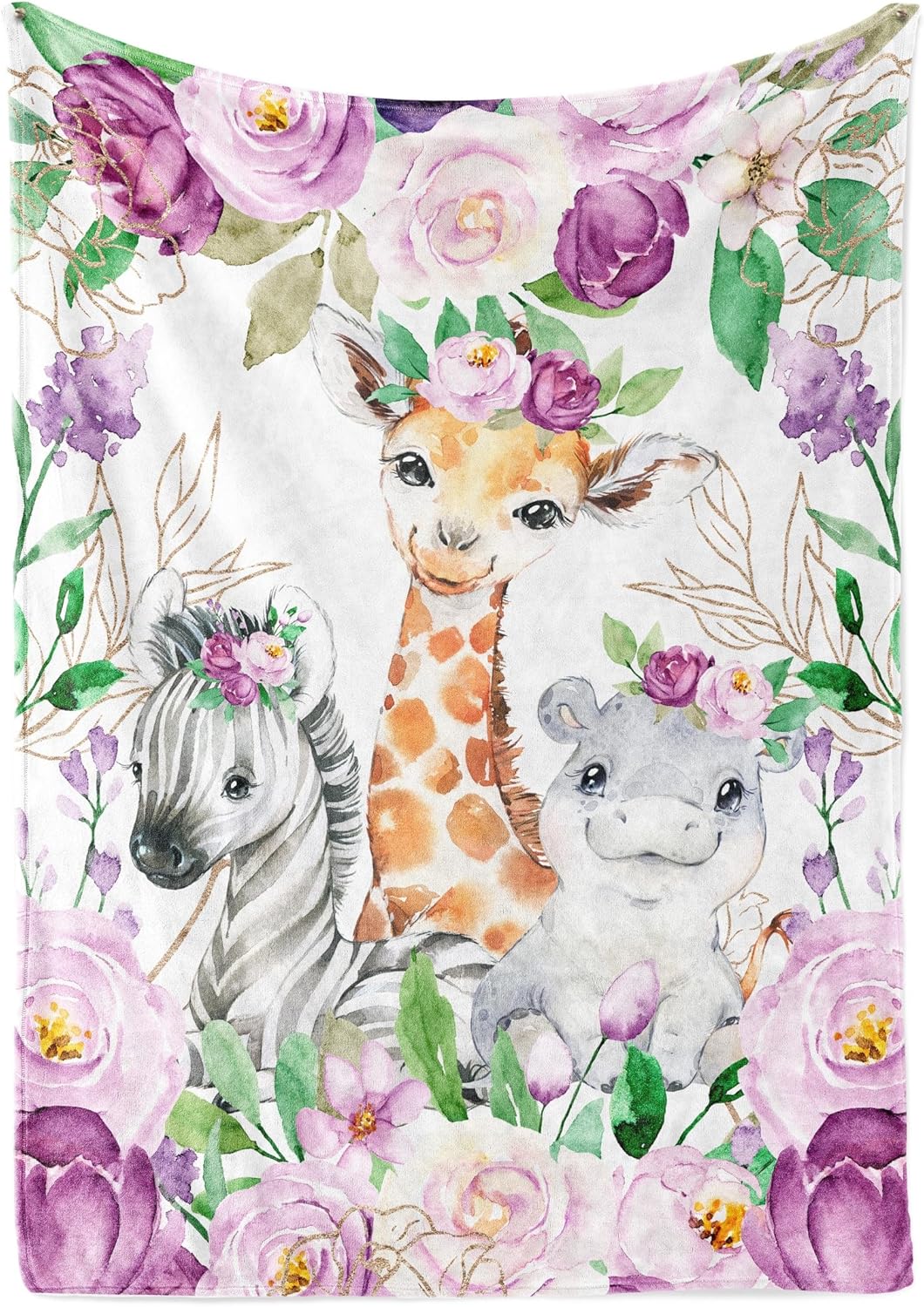UNIQUE Violet Flowers Safari Ultra Soft Fleece Baby Blanket 30x40in, Cute Zebra Hippo Giraffe Baby Blanket, Girl