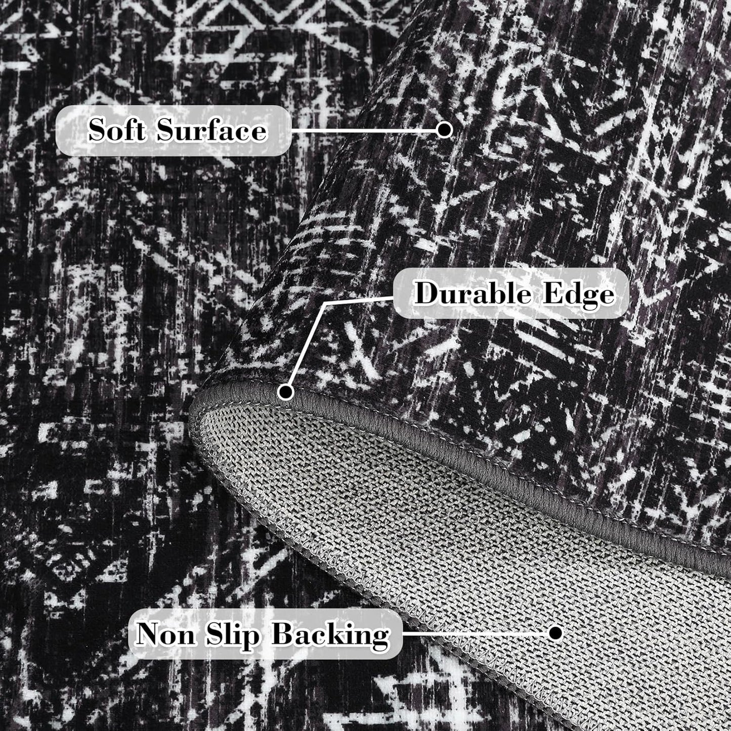 COZYLOOM 4x6 Washable Rug for Bedroom Vintage Non Slip Large Area Rug Geometric Soft Throw Rugs Low Pile Stain Resistant Carpet for Office Dining Room Living Room, Black