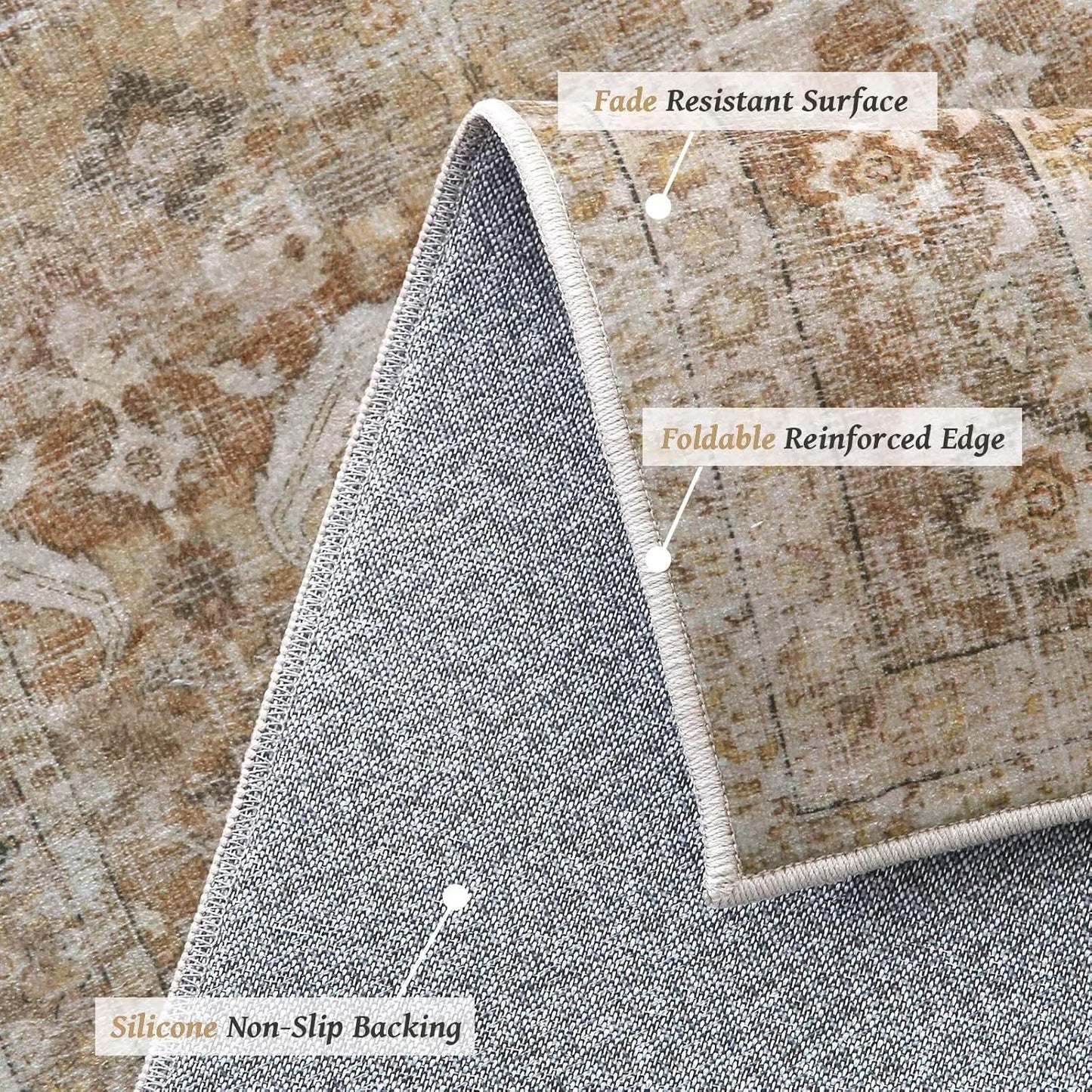 Washable 6x9 Area Rugs for Living Room, Boho Non-Slip Silicone Backing Large Rugs for Bedroom Dining Room Nursery Office, 0.3" Neutral Oriental Throw Carpet with 0.16" Cushioning Pad, Brown/Multi