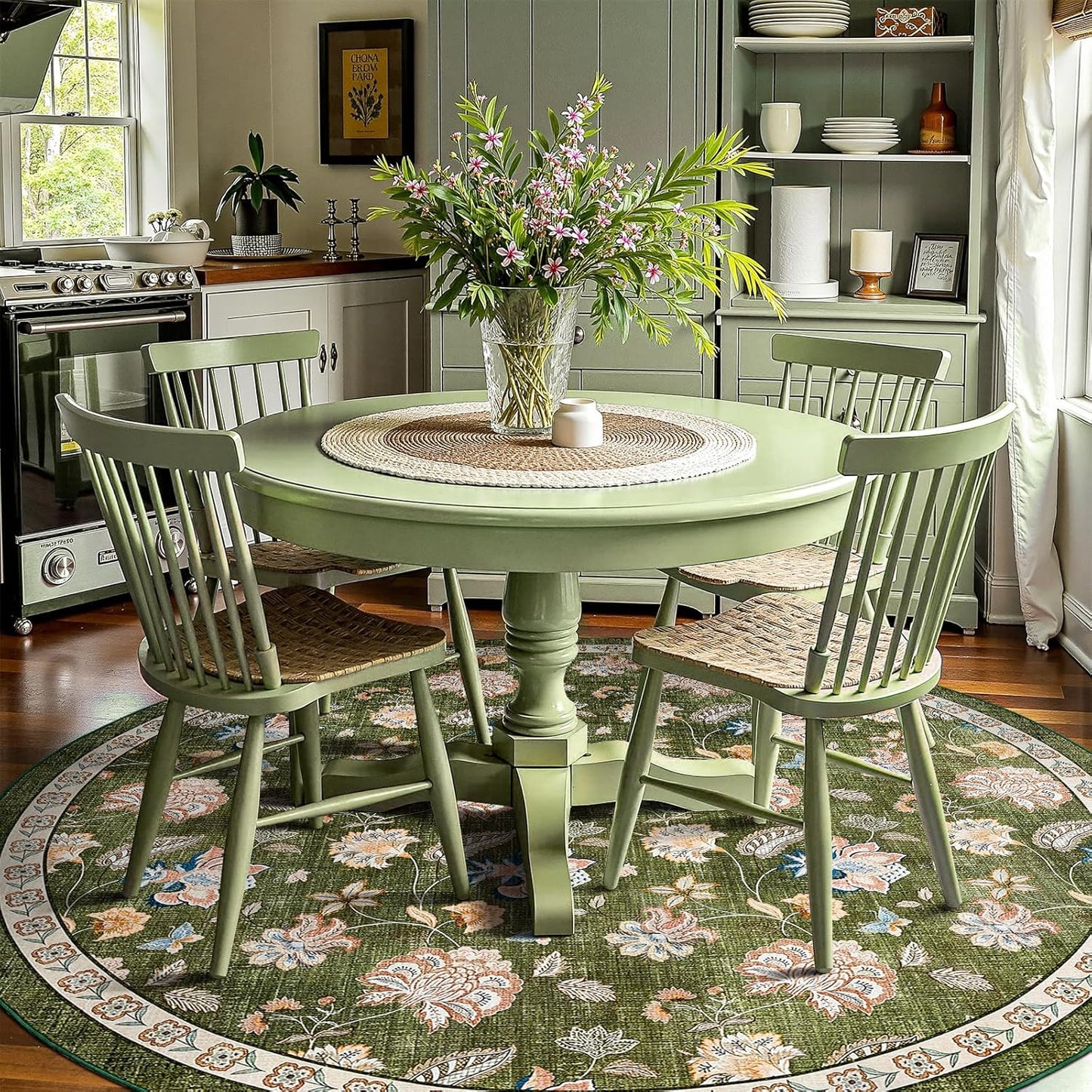 jinchan 8ft Floral Round Rug for Dining Room Washable Living Room Rug Vintage Romance Design Non Slip Indoor Floor Cover Lightweight Low-Profile Throw Carpet for Bedroom Porch Patio, Green