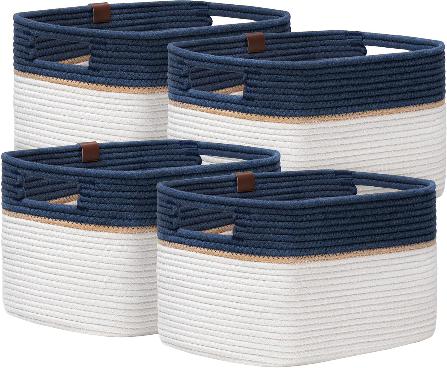 UBBCARE 4 Pack Baskets for Organizing, Woven Storage Baskets with Label for Toys and Towel, Rectangle Cotton Rope Basket with Handles, 15''L x10''W x9''H, Navy Blue&White