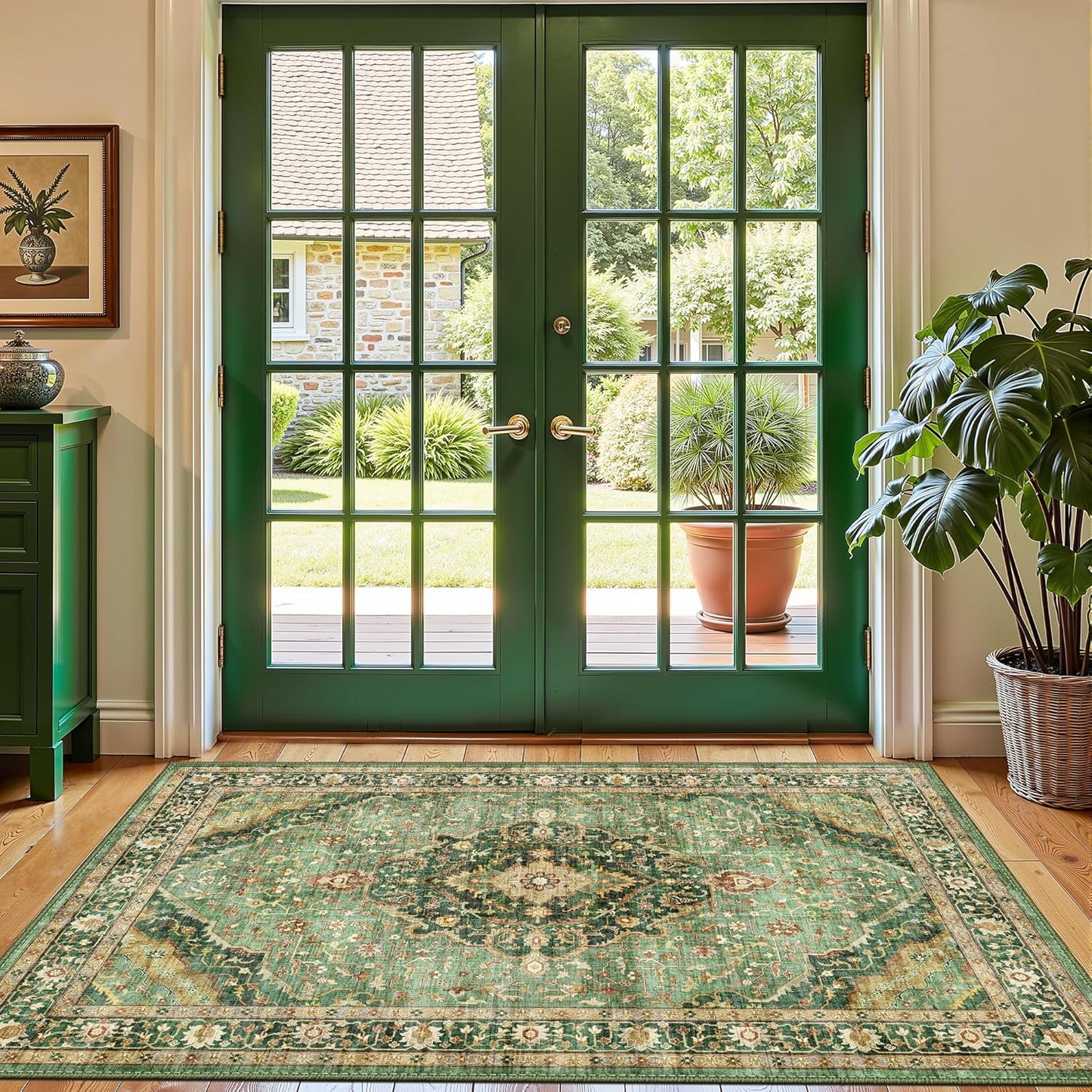 Deerly Green Rug 3x5 Area Rug with Non-Slip Backing, Washable Rugs for Bedroom Living Room Kitchen, Distressed Carpet Printed Low-Pile Soft Dorm Rug Room Decor(Border Green)