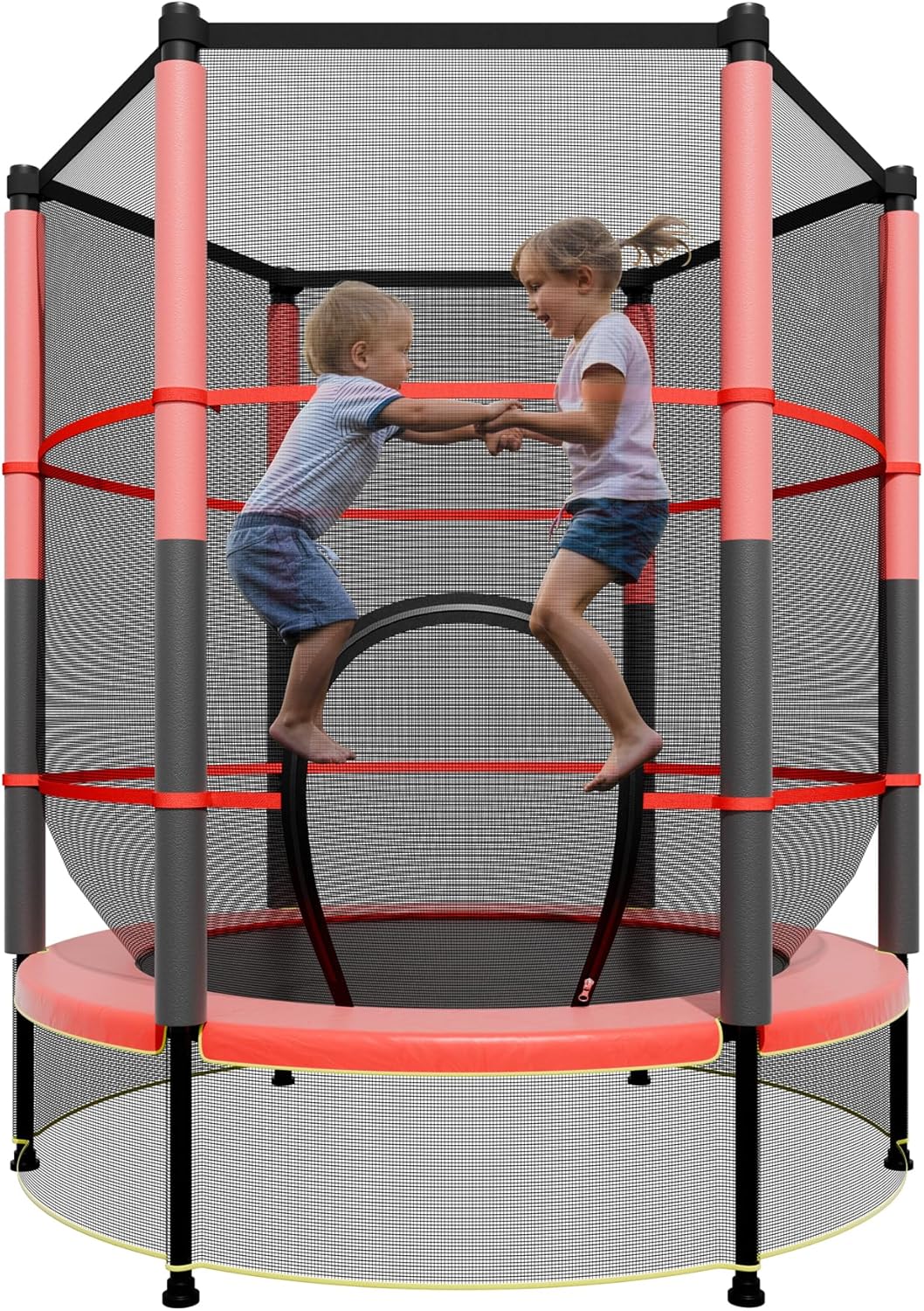 55IN Trampoline for Kids - Indoor/Outdoor Play with Enclosure Net - Easy to Assemble Recreational Trampoline - Red
