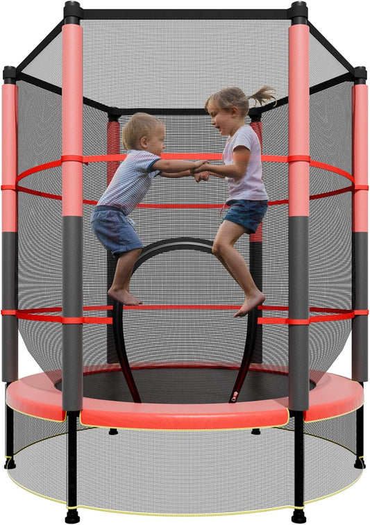 55IN Trampoline for Kids - Indoor/Outdoor Play with Enclosure Net - Easy to Assemble Recreational Trampoline - Red