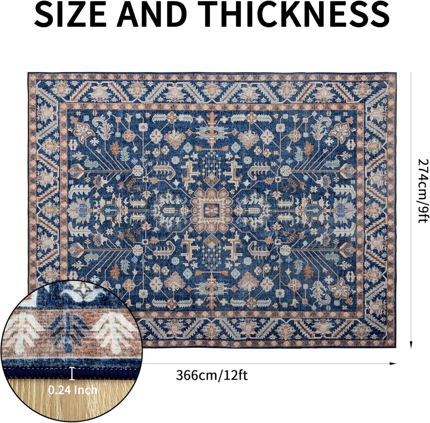 9x12 Area Rug Washable: Oriental Soft Area Rug for Living Room Bedroom No Shedding - Low Pile Thin Carpet Rug for Dining Room Non Slip - Boho Vintage Rug for Home Decor - Navy Blue