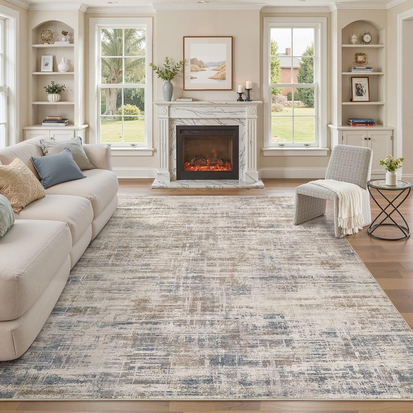 Area Rug for Living Room: 9x12 Washable Neutral Abstract Modern Soft Rugs Non Slip Indoor Floor Stain Resistant Large Carpet for Bedroom Dining Room Office Nursery - Brown