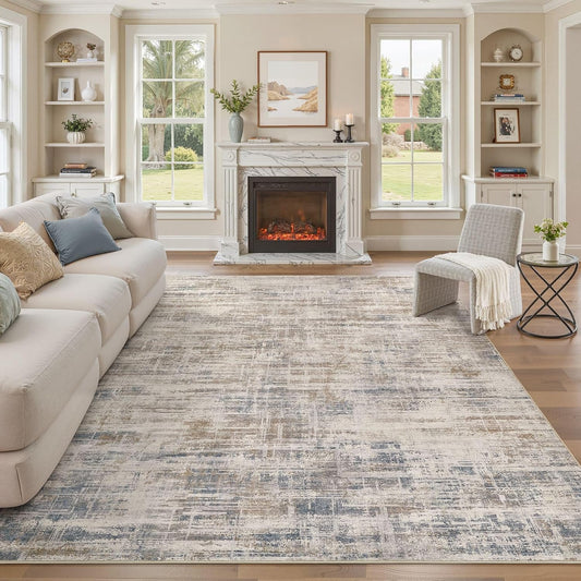 Area Rug for Living Room: 9x12 Washable Neutral Abstract Modern Soft Rugs Non Slip Indoor Floor Stain Resistant Large Carpet for Bedroom Dining Room Office Nursery - Brown