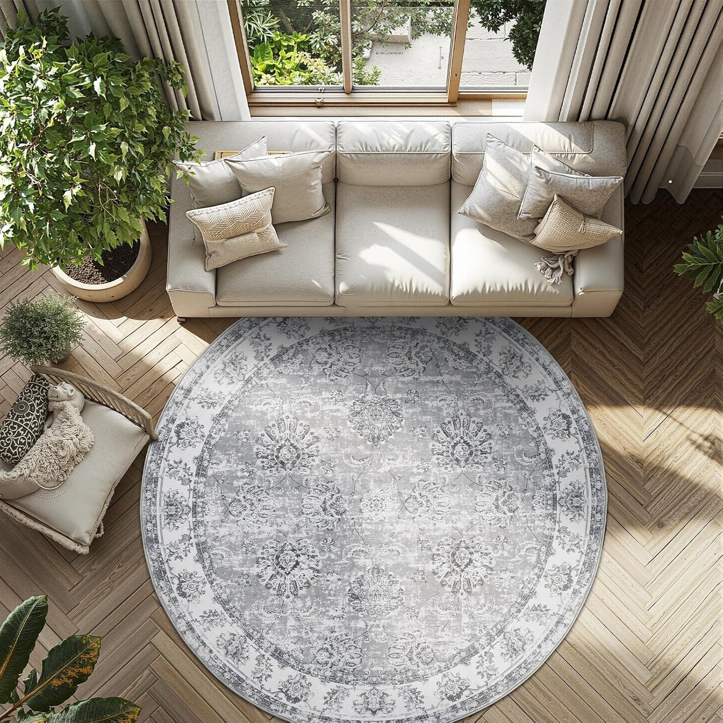 jinchan Round Rug 7ft Area Rug - Grey Vintage Floor Mat Kitchen Indoor Ultra-Thin Soft Floral Print - Washable Circle 7' Retro Accent for Farmhouse Non Slip Dining Room Living Room Bedroom Office