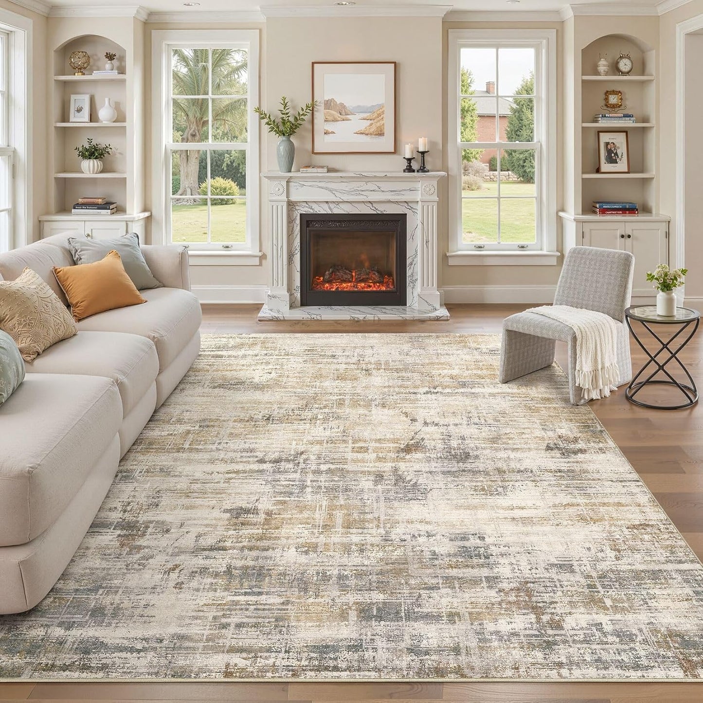 Area Rug for Living Room: 10x14 Washable Neutral Abstract Modern Soft Rugs Non Slip Indoor Floor Stain Resistant Large Carpet for Bedroom Dining Room Office Nursery - Golden Brown