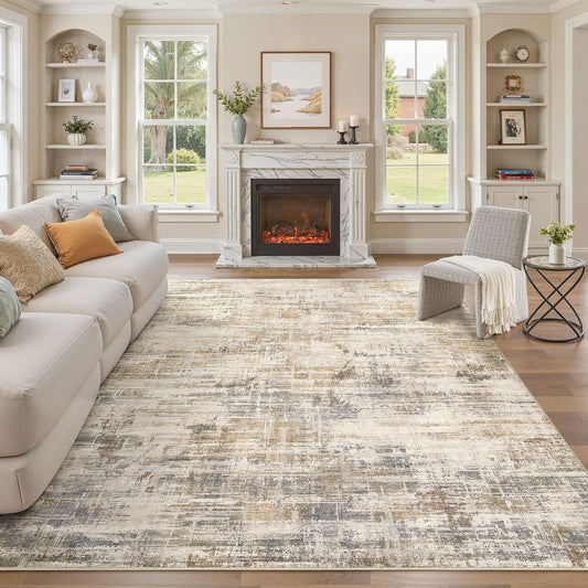 Area Rug for Living Room: 10x12 Washable Neutral Abstract Modern Soft Rugs Non Slip Indoor Floor Stain Resistant Large Carpet for Bedroom Dining Room Office Nursery - Golden Brown