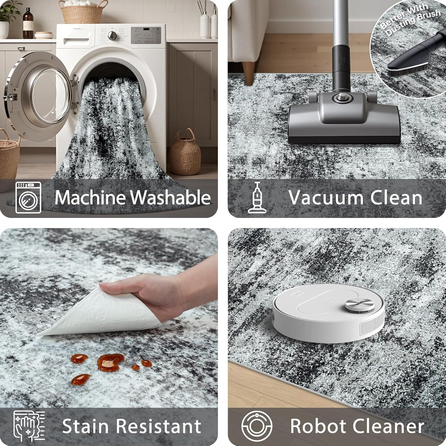 Area Rug 9x12 Washable Rugs: Abstract Large Living Room Rugs with Non-Slip Backing, Stain Resistant Indoor Floor Carpet for Bedroom Dining Room Table Nursery Hallway Home Office Dark Black/Gray