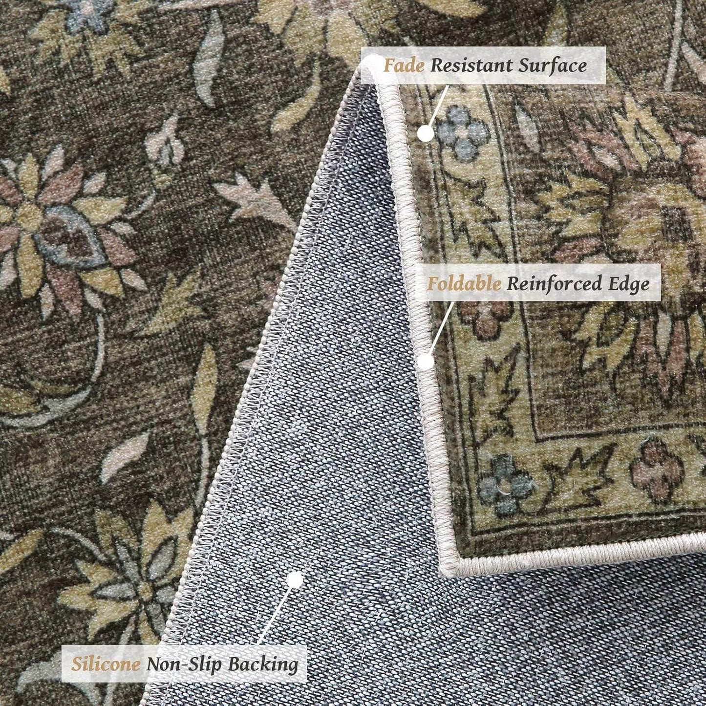 Washable 8x10 Area Rugs for Living Room, Boho Non-Slip Silicone Backing Rugs for Bedroom Dining Room Nursery Office, 0.3" Neutral Oriental Throw Carpet with 0.16" Cushioning Pad, Flaxen/Multi