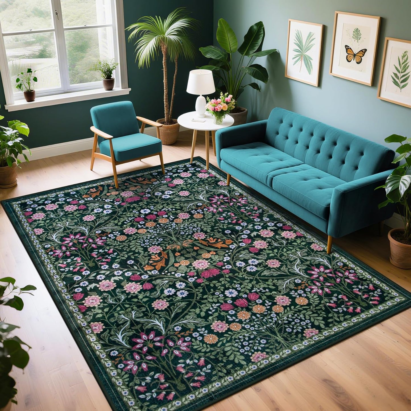 Area Rug Living Room Rugs: Floral 5x7 Washable Rug Vintage Soft Boho Non-Slip Carpet Indoor Floor Stain Resistant Large Carpets for Bedroom Dining Room Farmhouse Nursery Hallway Home Office Dark Green