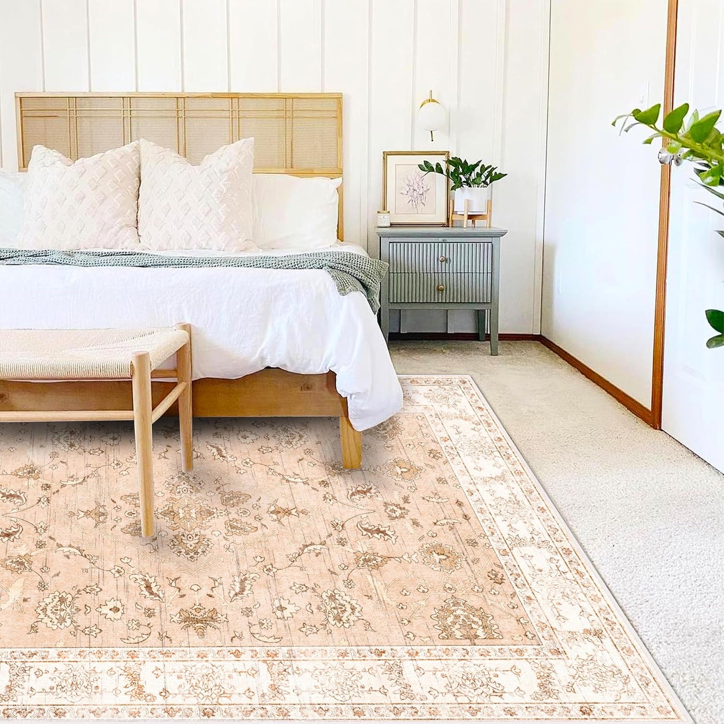 4x6 Vintage Washable Thin Area Rug Tangerine Traditional Floor Cover Foldable Indoor Distressed Non Slip Carpet Floral Print Mat Bedroom Living Room Bathroom