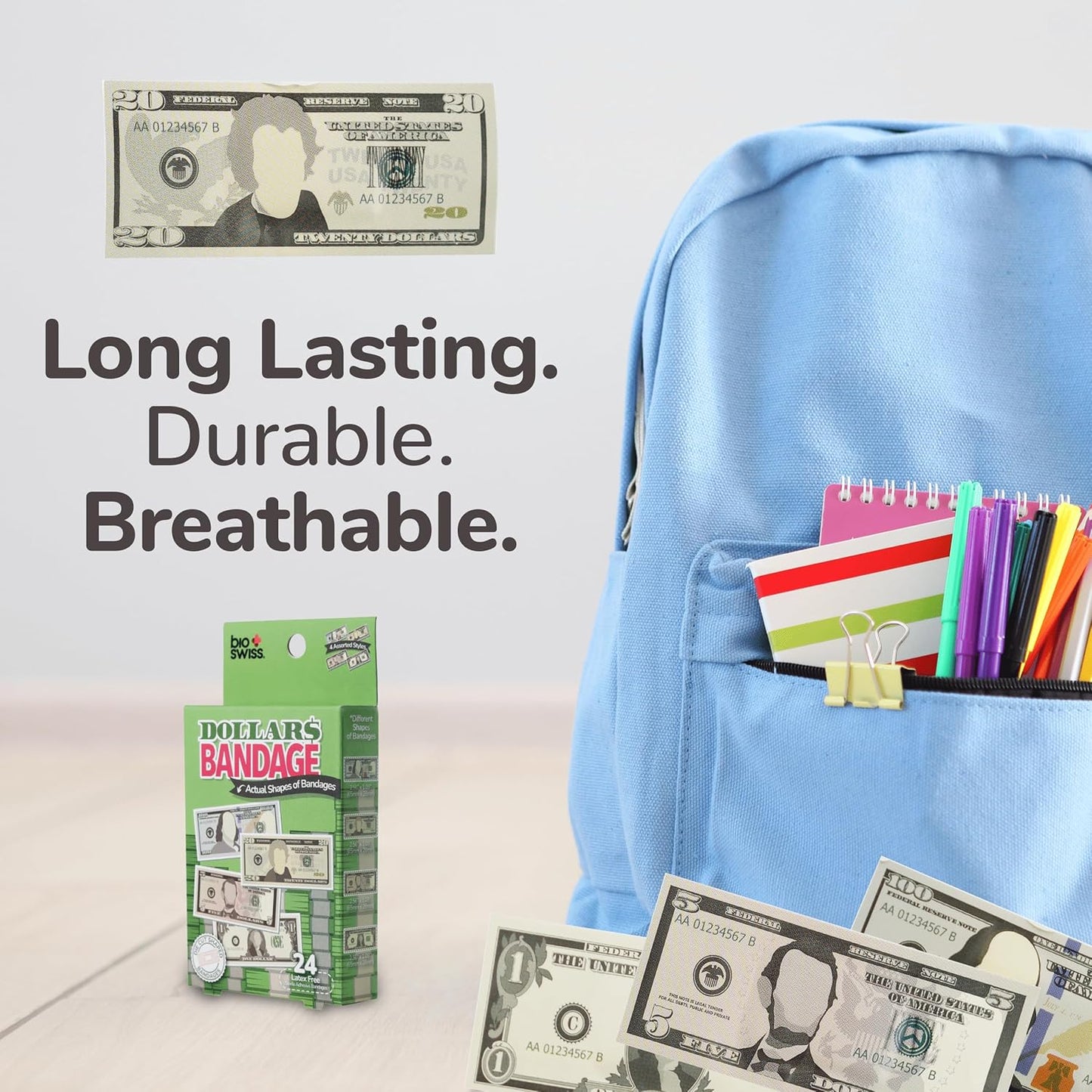 BioSwiss Bandages, Money Shaped Self Adhesive Bandage, Latex Free Sterile Wound Care, Fun First Aid Kit Supplies for Kids, 24 Count