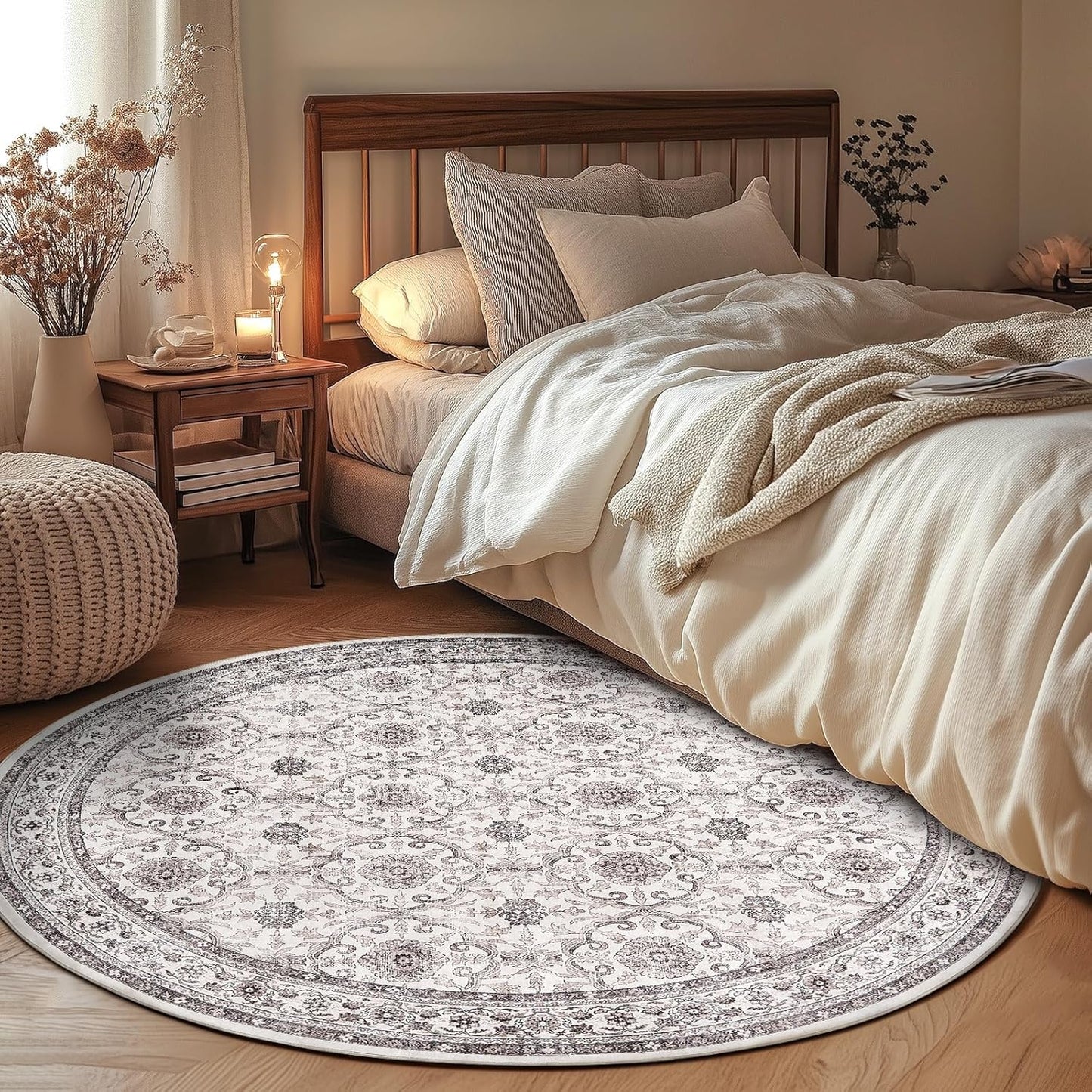 jinchan Round Rug 4ft Washable Circle Soft Rug - Low Pile Vintage 4'Round Indoor Beige Floral Print Stain Resistant Boho Carpet Ultra-Thin Non-Slip for Entryway Nursery Bedroom Dining Room Kitchen