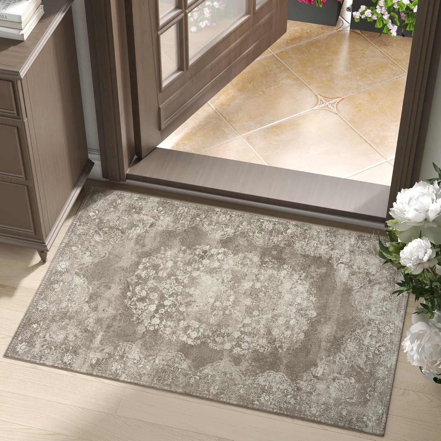 jinchan Floral 2x3 Rug for Entryway - Vintage Washable Area Rug Ultra-Thin Low Pile Soft Small Non-Slip Distressed Indoor Doormat Accent for Entrance Kitchen Bedroom Bathroom (2x3ft,Brown)