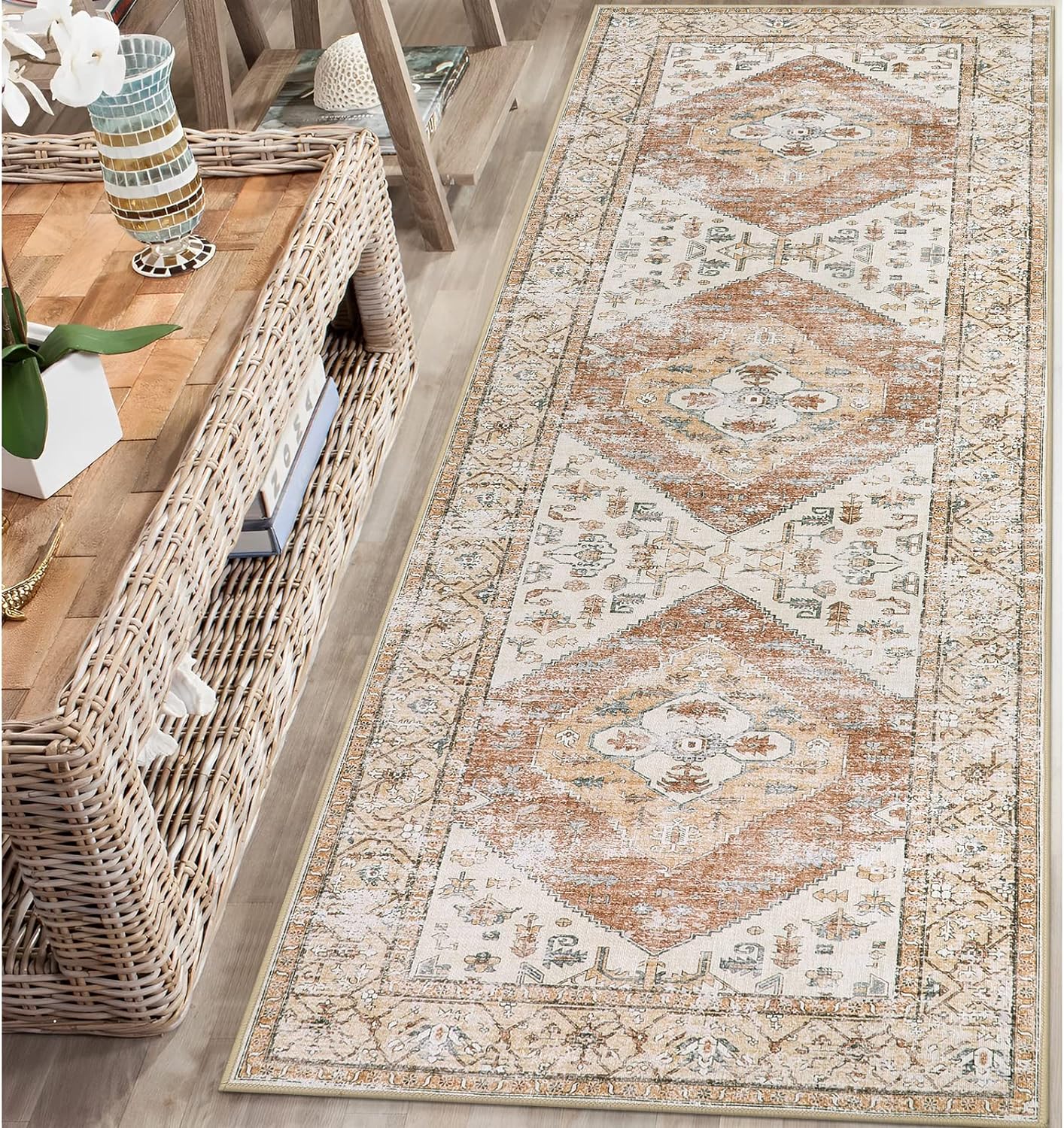 Lahome Boho Washable Rug Runner - 2x7 Non-Slip Runners Rugs for Hallways Non-Shedding Lightweight Runners for Kitchen, Oriental Distressed Print Indoor Carpet Runner for Entrance Bathroom Laundry Room