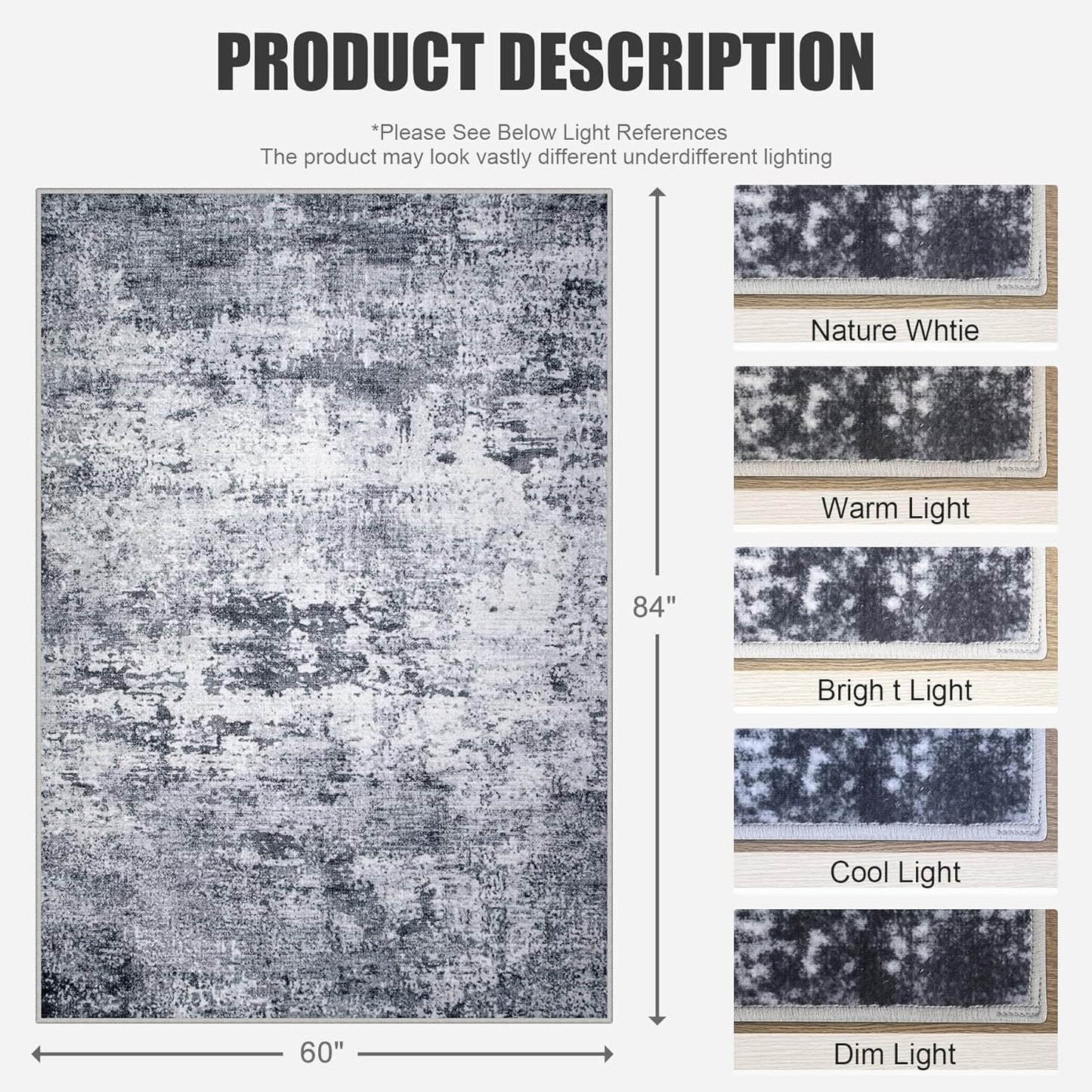 5x7 Area Rug Living Room Rug: Washable Modern Abstract Soft Thin Rug Indoor Floor No Slip Stain Resistant Carpet for Bedroom Dining Room Farmhouse Nursery Home Office - Grey