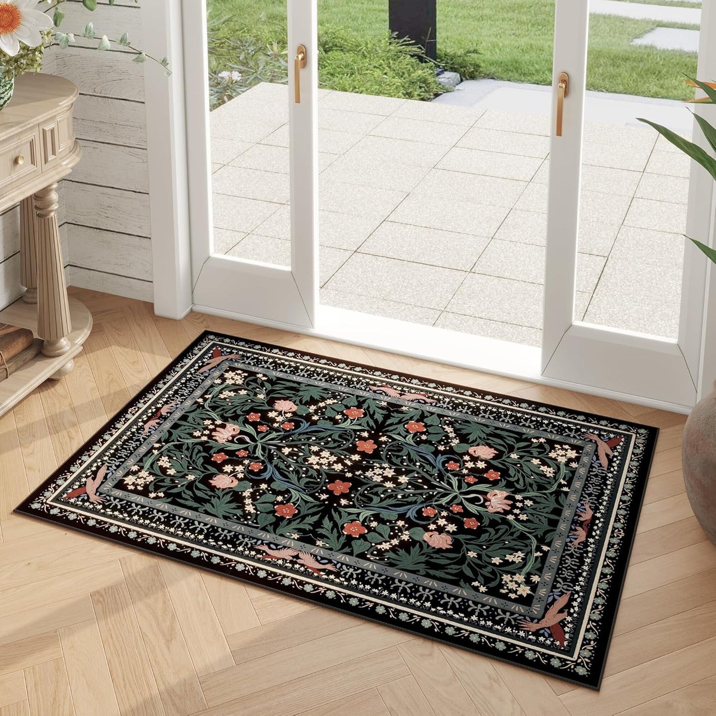 Door Mat Indoor Entrance 2x3 Rug Machine Washable Vintage Floral Botanical Small Area Rug Non-Slip Low Pile Throw Rugs for Entryway, Kitchen, Front Door Entrance, Entry, Kids Room, Black