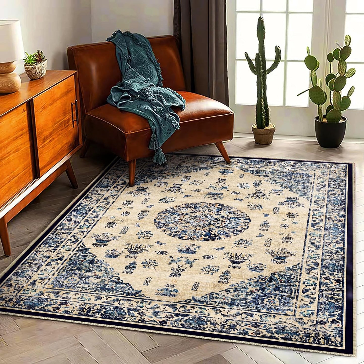 Washable Area Rug 4'x6' Traditional Floor Cover Foldable Thin Rugs Retro Kitchen Indoor Distressed Non Slip Carpet Floral Print Mat Bedroom Living Room