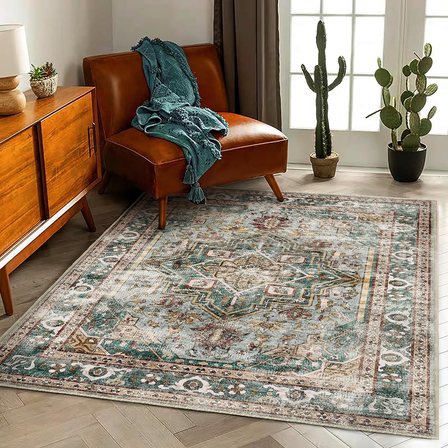 Washable Area Rug 5'x7' Green Retro Boho Chic Medallion Distressed Design Living Room Indoor Non-Slip Large Oriental Accent Throw Rugs for Kitchen Bedroom Office Carpet