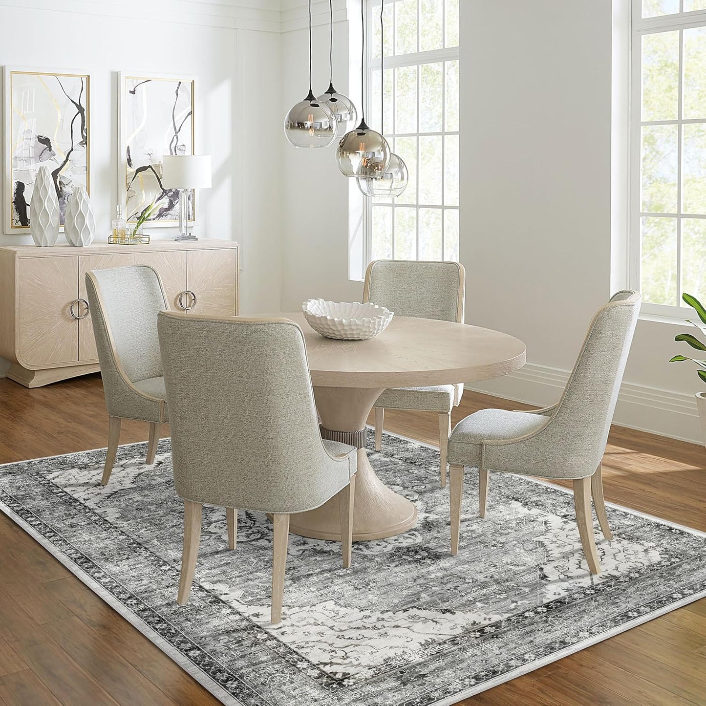 Deerly 5x7 Rug Washable Area Rugs for Living Room, Non Slip 5 x 7 Rug for Bedroom Dining Room, Low-Pile Kid & Pet Friendly Distressed Carpet Print Floor Rug Border Grey/Navy