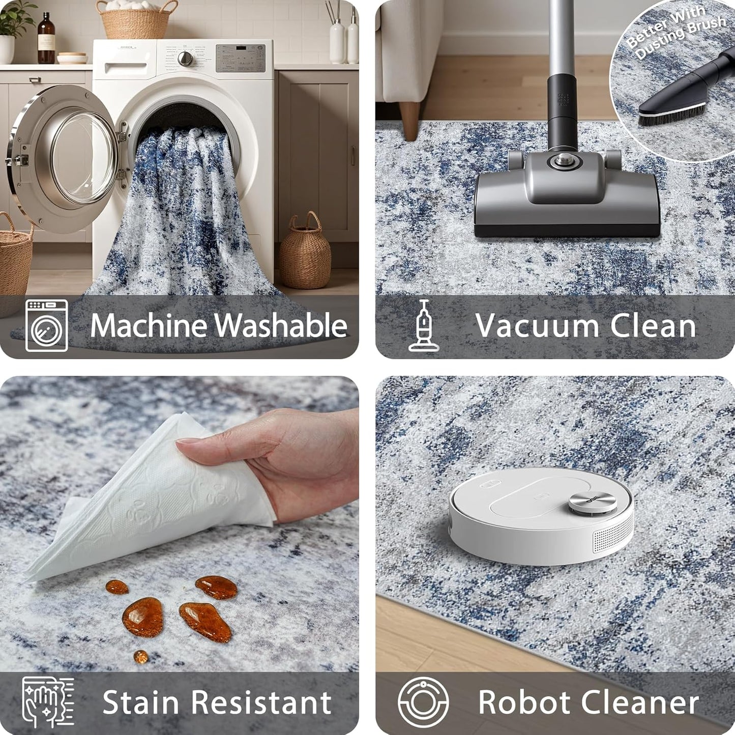 Area Rugs 8x10 Living Room Rugs: Modern Abstract Washable Rug with Non-Slip Backing, Stain Resistant Indoor Floor Large Carpet for Bedroom Dining Room Table Nursery Hallway Home Office Blue/Gray/Black