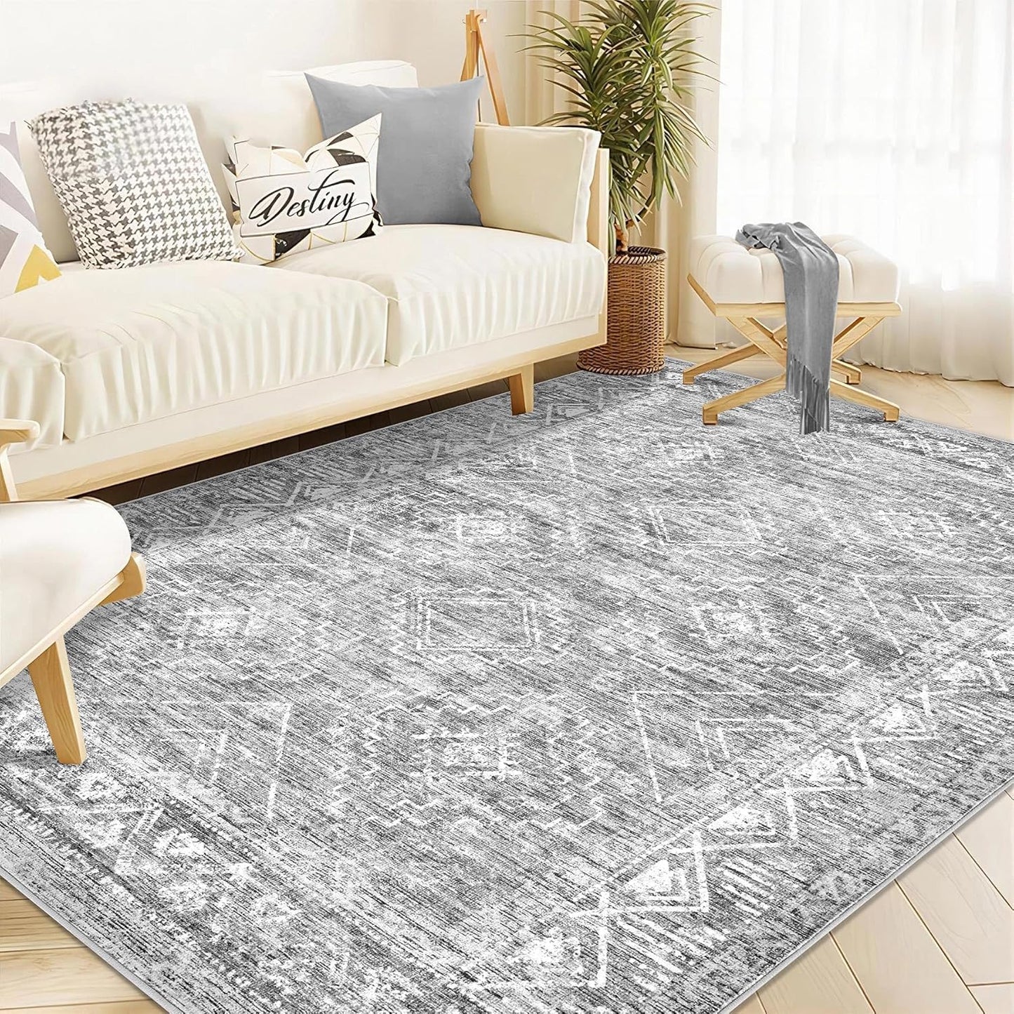Moroccan Large Area Rug 6x9 - Soft Machine Washable Geometric Boho Distressed Farmhouse Rug Morden Stain Resistant Indoor Floor Carpet for Bedroom Dining Table Nursery Home Office (6 x 9, Grey)