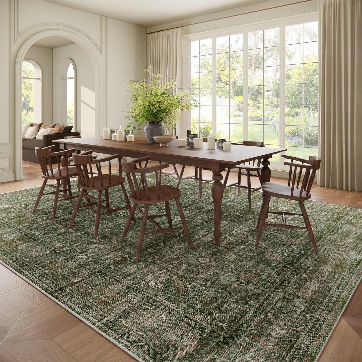 Washable 10x14 Area Rugs for Living Room, Boho Non-Slip Silicone Backing Rugs for Bedroom Dining Room Office, 0.3" Neutral Oriental Throw Carpet with 0.16" Cushioning Pad, Grass Green/Multi