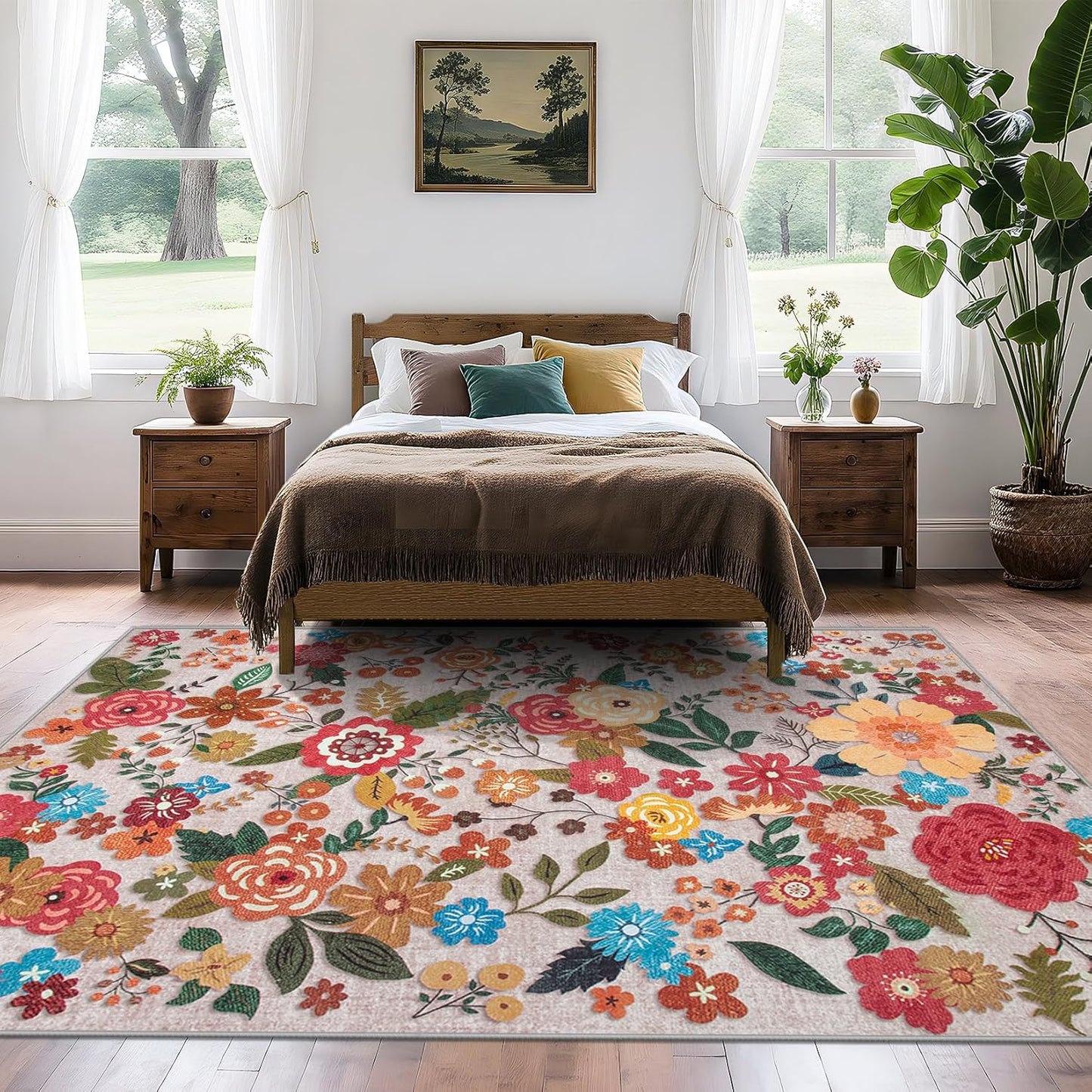 Area Rug Living Room Rugs: 5x7 Washable Rug Vintage Floral Soft Boho Non Slip Carpet Indoor Floor Non Shedding Low Pile Thin Carpets for Bedroom Dining Room Farmhouse Nursery Home Office Beige