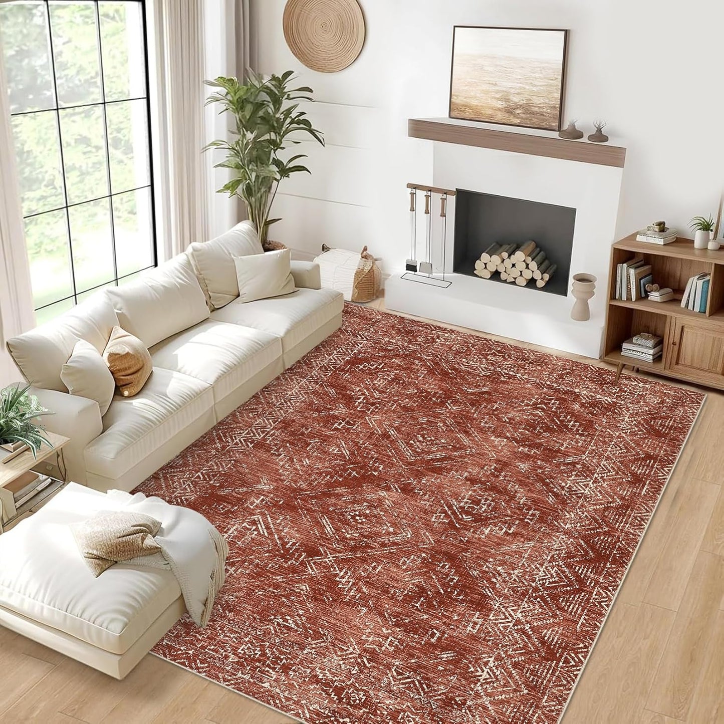 COZYLOOM 8x10 Rug Modern Indoor Area Rug Machine-Washable for Living Room or Bedroom Softness Foldable Mat for Easy Storage Geometric Design Non Slip Rug Low Pile Stain Resistant Carpet, Brick Red