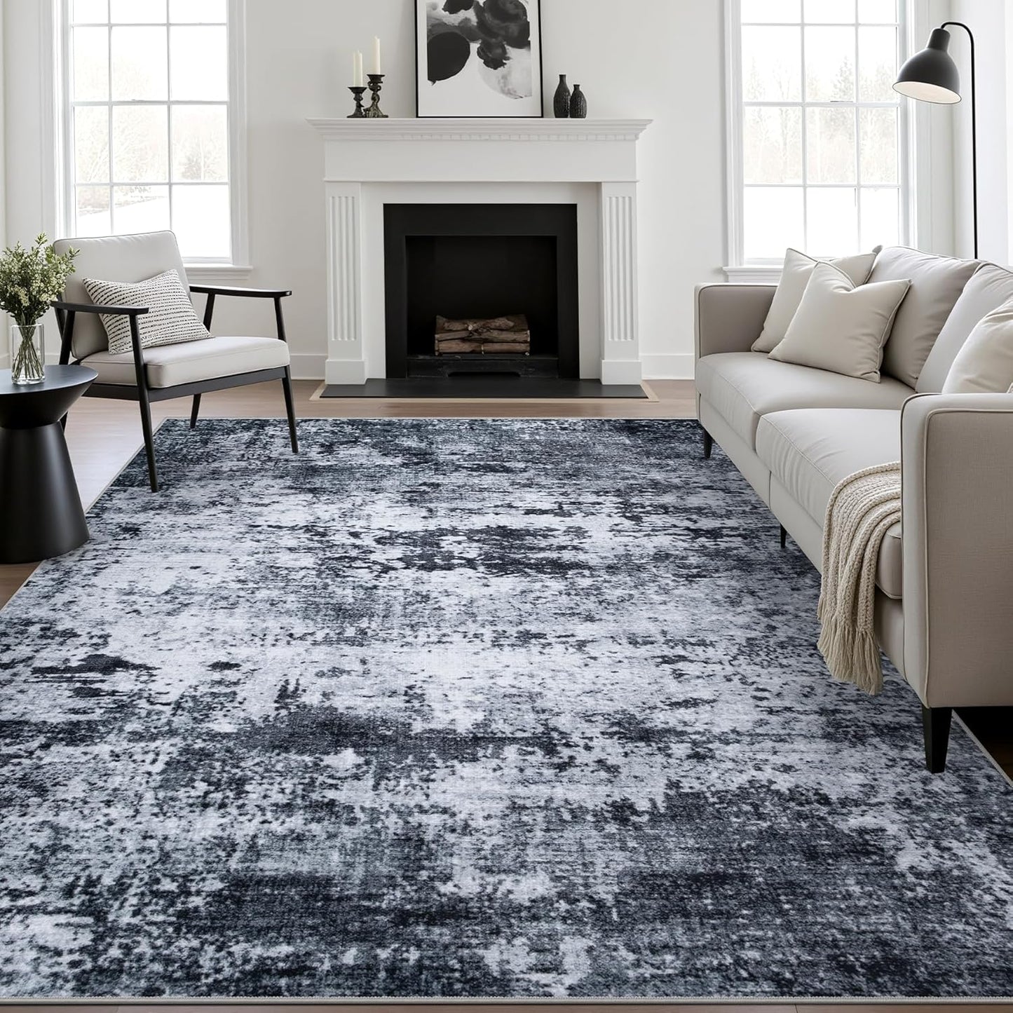 9x12 Area Rug Living Room Rug: Washable Modern Abstract Soft Thin Rug Indoor Floor No Slip Stain Resistant Carpet for Bedroom Dining Room Farmhouse Nursery Home Office - Black
