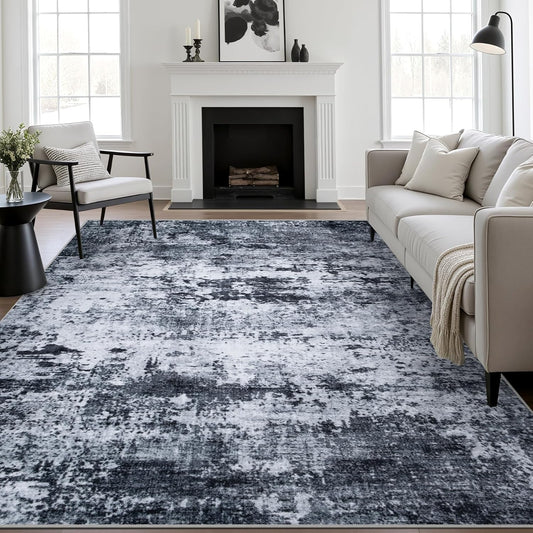 6x9 Area Rug Living Room Rug: Washable Modern Abstract Soft Thin Rug Indoor Floor No Slip Stain Resistant Carpet for Bedroom Dining Room Farmhouse Nursery Home Office - Black