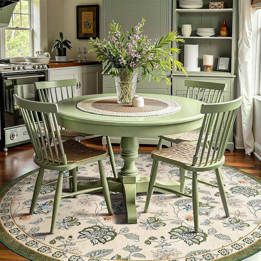 jinchan 7ft Floral Round Rug for Dining Room Washable Living Room Rug Vintage Romance Design Non Slip Indoor Floor Cover Lightweight Low-Profile Throw Carpet for Bedroom Porch Patio, Green/Beige