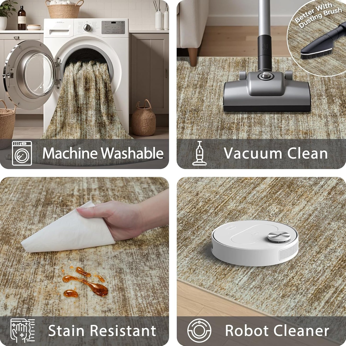 Area Rugs 8x10 Living Room Rugs: Large Modern Abstract Washable Rug with Non-Slip Backing, Thin Carpet for Dining Room Table Bedroom Nursery Indoor Home Office-Brown