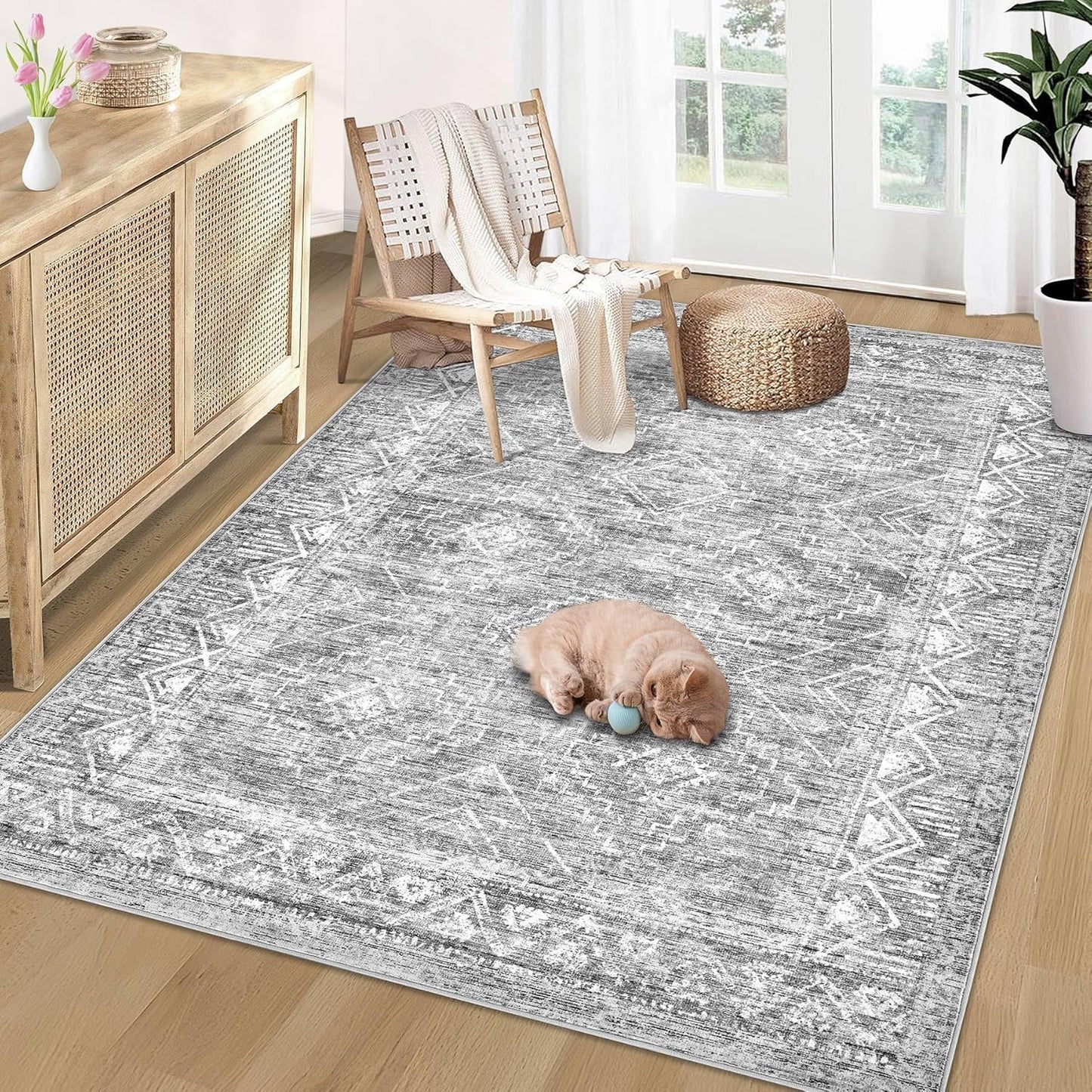 Vintage Moroccan Trellis Area Rug - 4x6 Machine Washable Boho Geometric Farmhouse Rugs Neutral Stain Resistant Non Slip Indoor Carpet for Bedroom Dining Room Nursery Home Office (4 x 6, Grey)