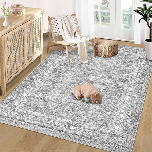 Vintage Moroccan Trellis Area Rug - 4x6 Machine Washable Boho Geometric Farmhouse Rugs Neutral Stain Resistant Non Slip Indoor Carpet for Bedroom Dining Room Nursery Home Office (4 x 6, Grey)