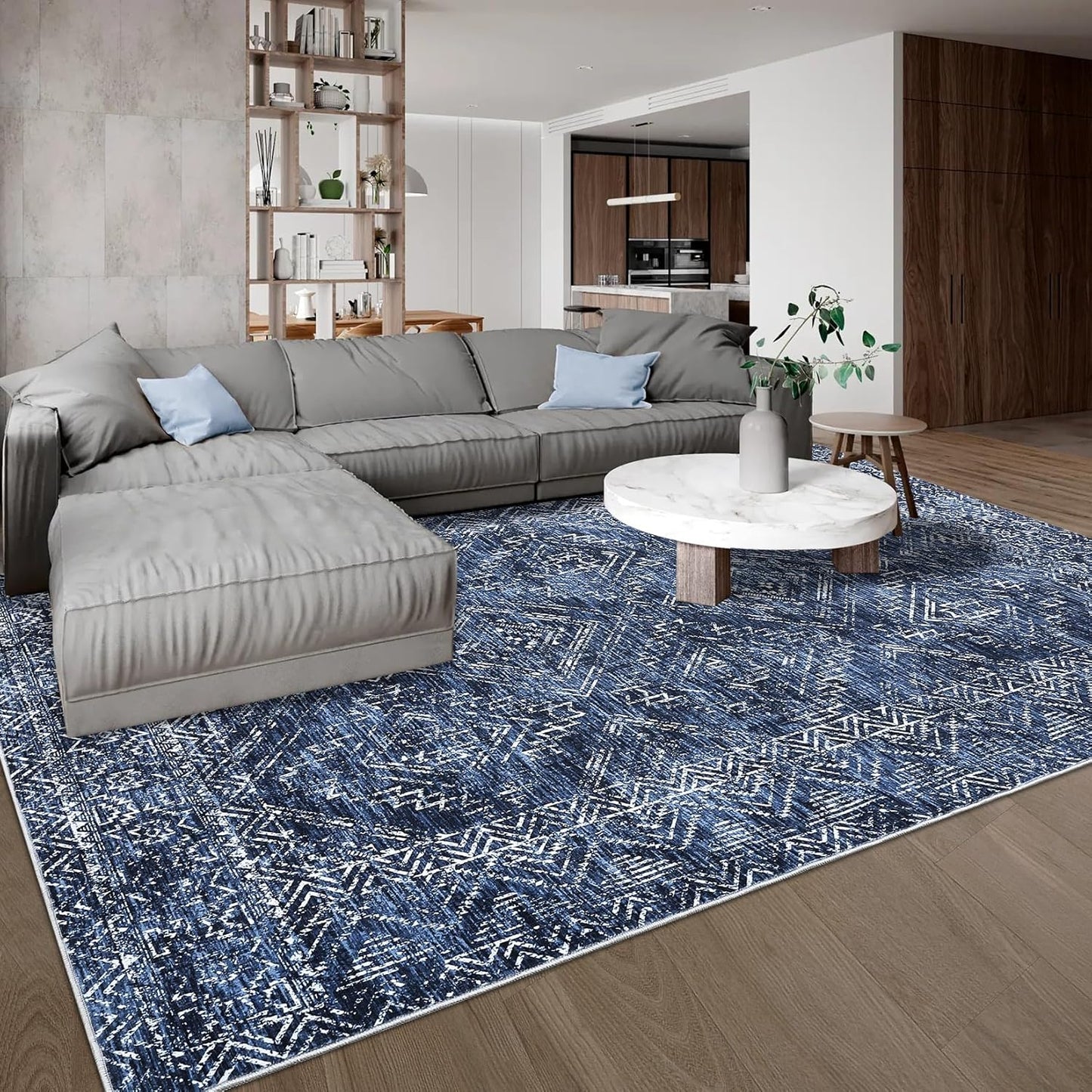 COZYLOOM Bedroom Rug 8x10 Under Bed Machine Washable Area Rugs Modern Abstract Floor Cover with Non Slip Backing Stain-Resistant Geometric Carpet for Nursery, Living Room, Blue