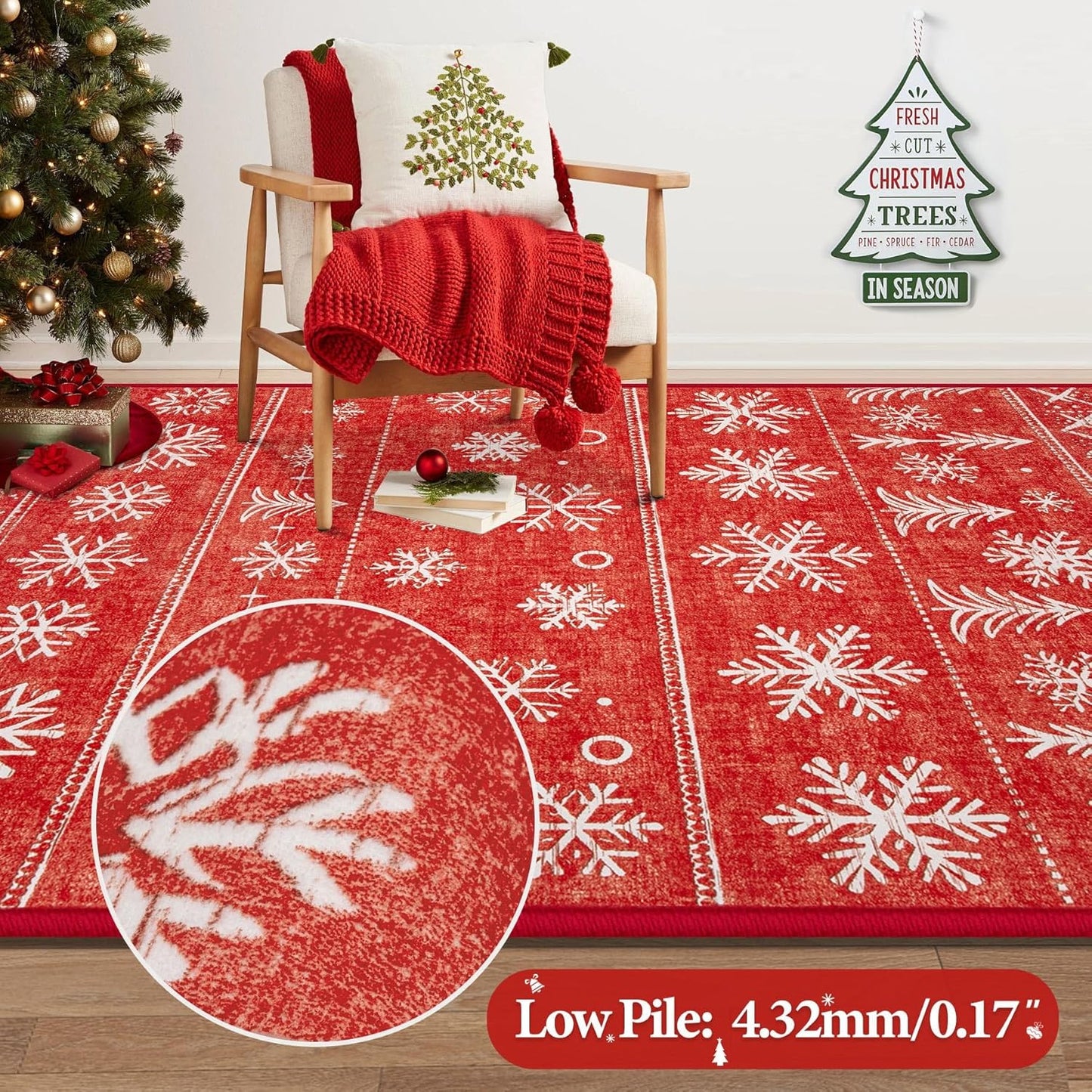 Christmas Area Rug 6x9 Red, Snowflake Washable Rugs for Bedroom Non Slip Kitchen Rug, Soft Christmas Tree Indoor Carpet for Kids Room Dining Room Entryway (6'x9', Xmas Red)