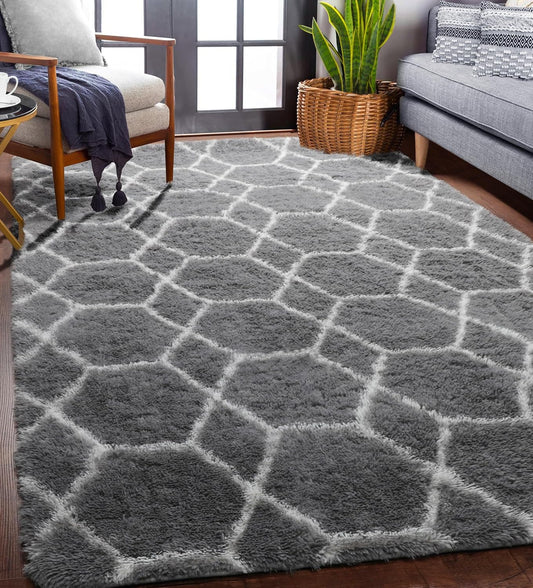 ONASAR 5x7 Area Rugs for Living Room Bedroom, Washable Fluffy Grey and White Faux Fur Bedside Rug, Geometric Boho Soft Plush Shaggy Floor Carpet Mat for Nursery Kids Girls Teen Dorm Home Decor