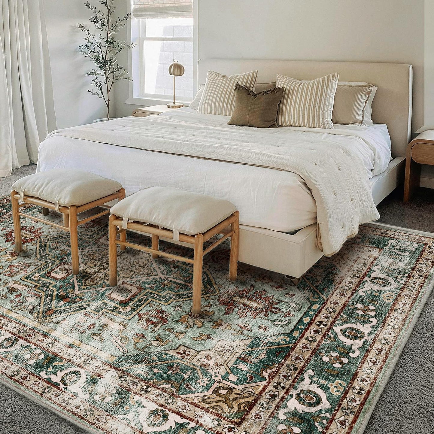 Area Rug 8'x10' Green Washable Vintage Traditional Mat Distressed Indoor Foldable Thin Retro Accent Floral Print Non Slip Carpet for Living Room Dining Room Office