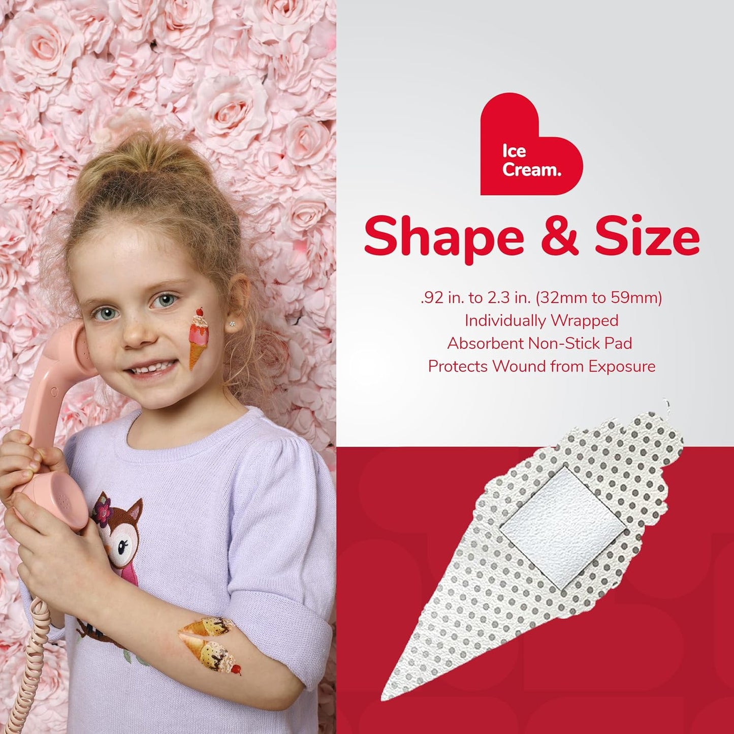 BioSwiss Bandages, Ice Cream Shaped Self Adhesive Bandage, Latex Free Sterile Wound Care, Fun First Aid Kit Supplies for Kids, 24 Count