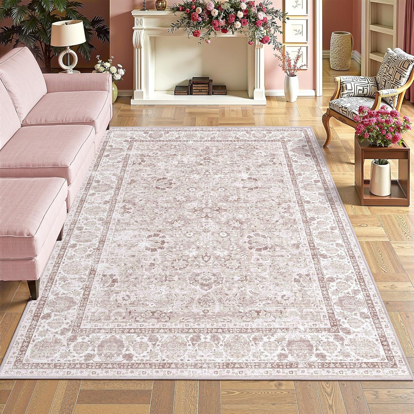 Pink Area Rugs 5x7 Nursery Rug for Baby Girl Neutral Floral Area Rug for Living Room, Vintage Boho Washable Rug Indoor Carpet for Bedroom Dining Room