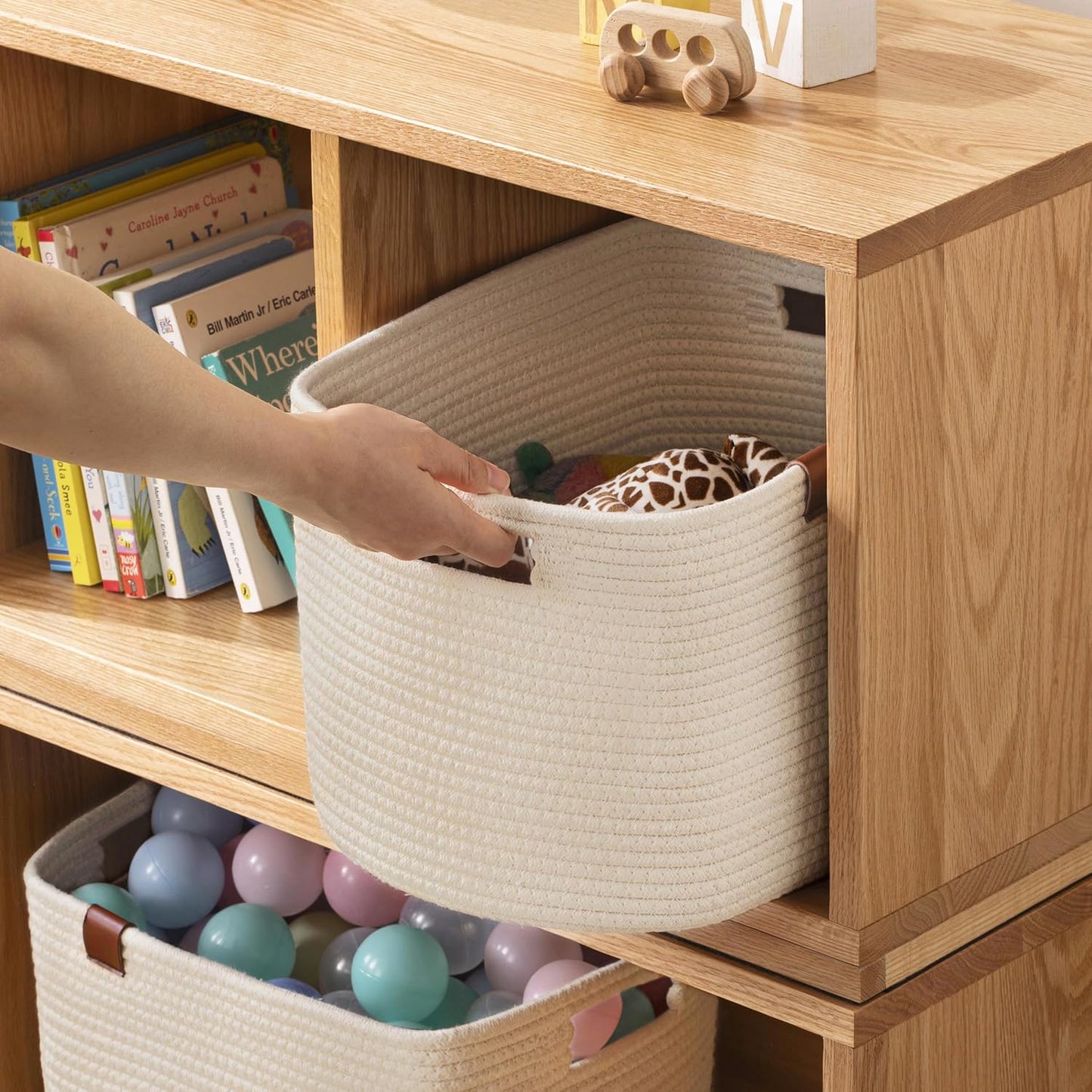 UBBCARE 2 Pack Baskets for Organizing, Woven Storage Baskets with Label for Toys and Towel, Rectangle Cotton Rope Basket with Handles, 15''L x10''W x9''H, Off-White