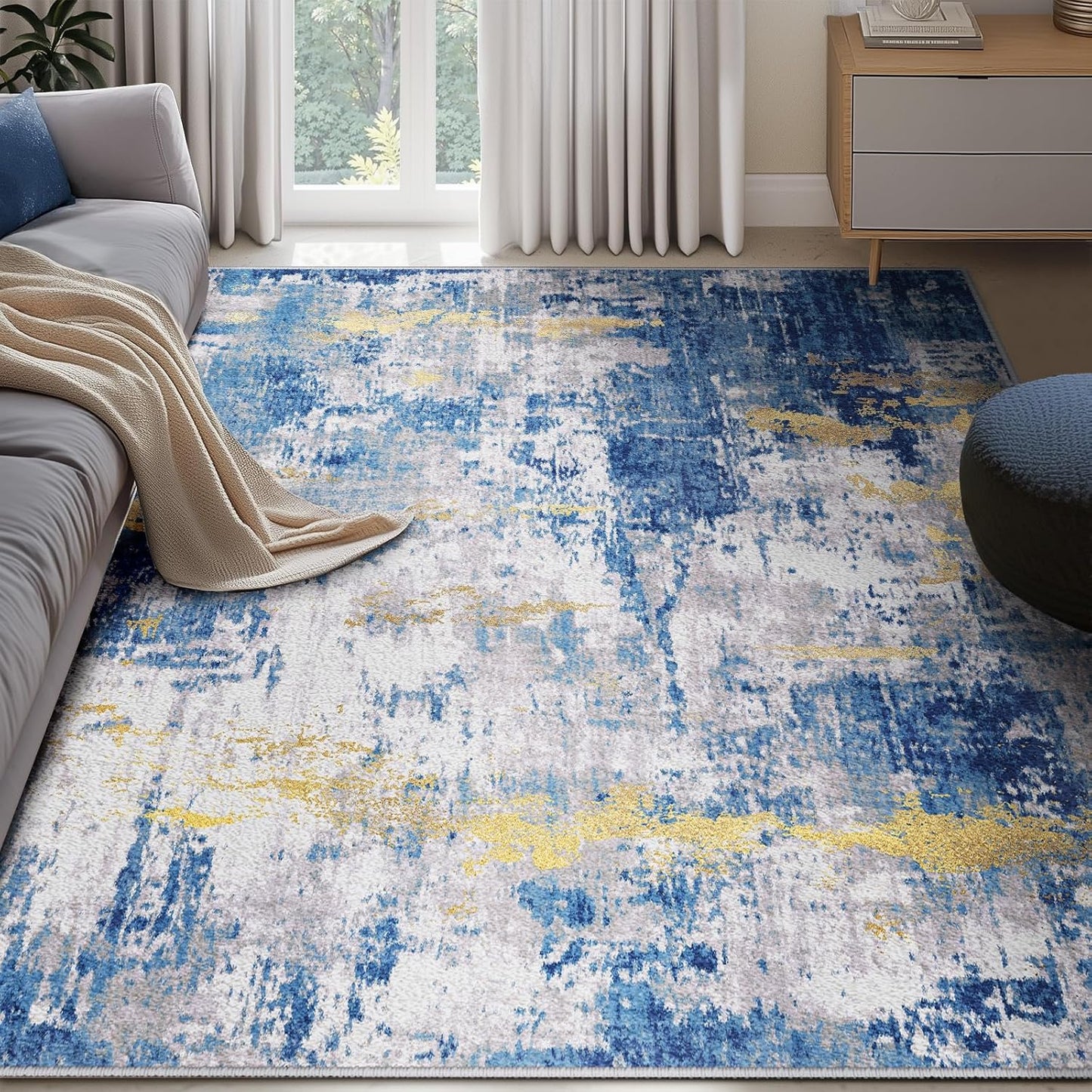 Washable Area Rugs 5'x7' Non-Slip Modern Abstract Soft for Living Room Entryway Bedroom Nursery, Print Pattern, Grey Blue Gold/Golden