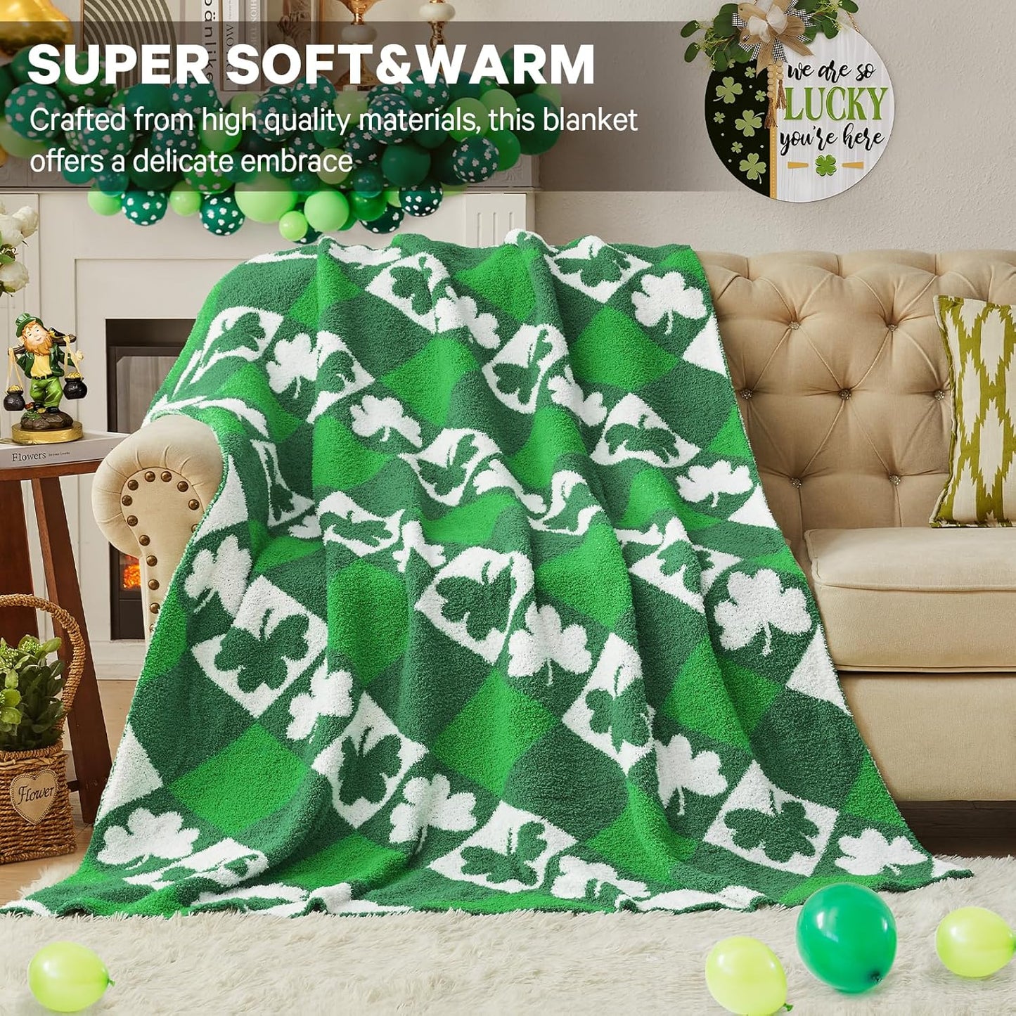 CYMULA St. Patrick's Day Knit Throw Blanket - Super Soft Lightweight Plush Shamrock Clover Blanket for Couch, Bed, Sofa, 50 x 60 Inches, Irish Green